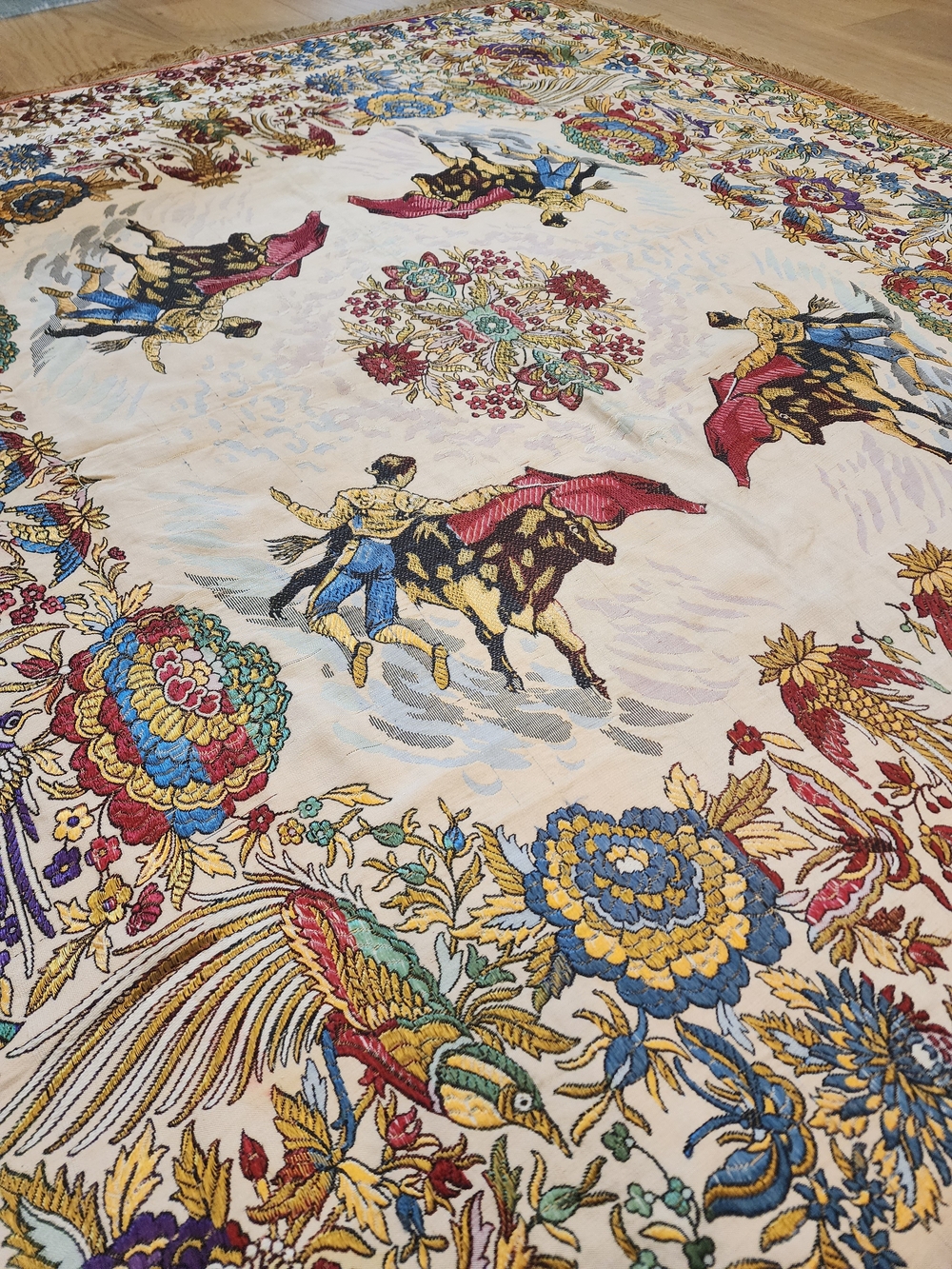 VTG Spanish Matador & Peacock Fringed Scarf / Tablecloth Shawl 51x59